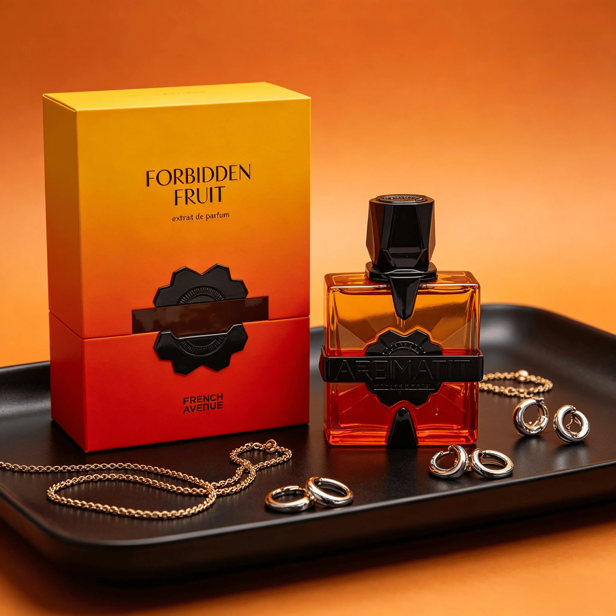 French Avenue Aromatix Forbidden Fruit Extrait De Parfum For Unisex Sweet Tangy Tropical Fruit Spicy Woody Aroma Long Lasting Transparent Orange-Red Gradient Cut Square Bottle With Matte Black Embossed Metal Badge Dating Valentine Party Present