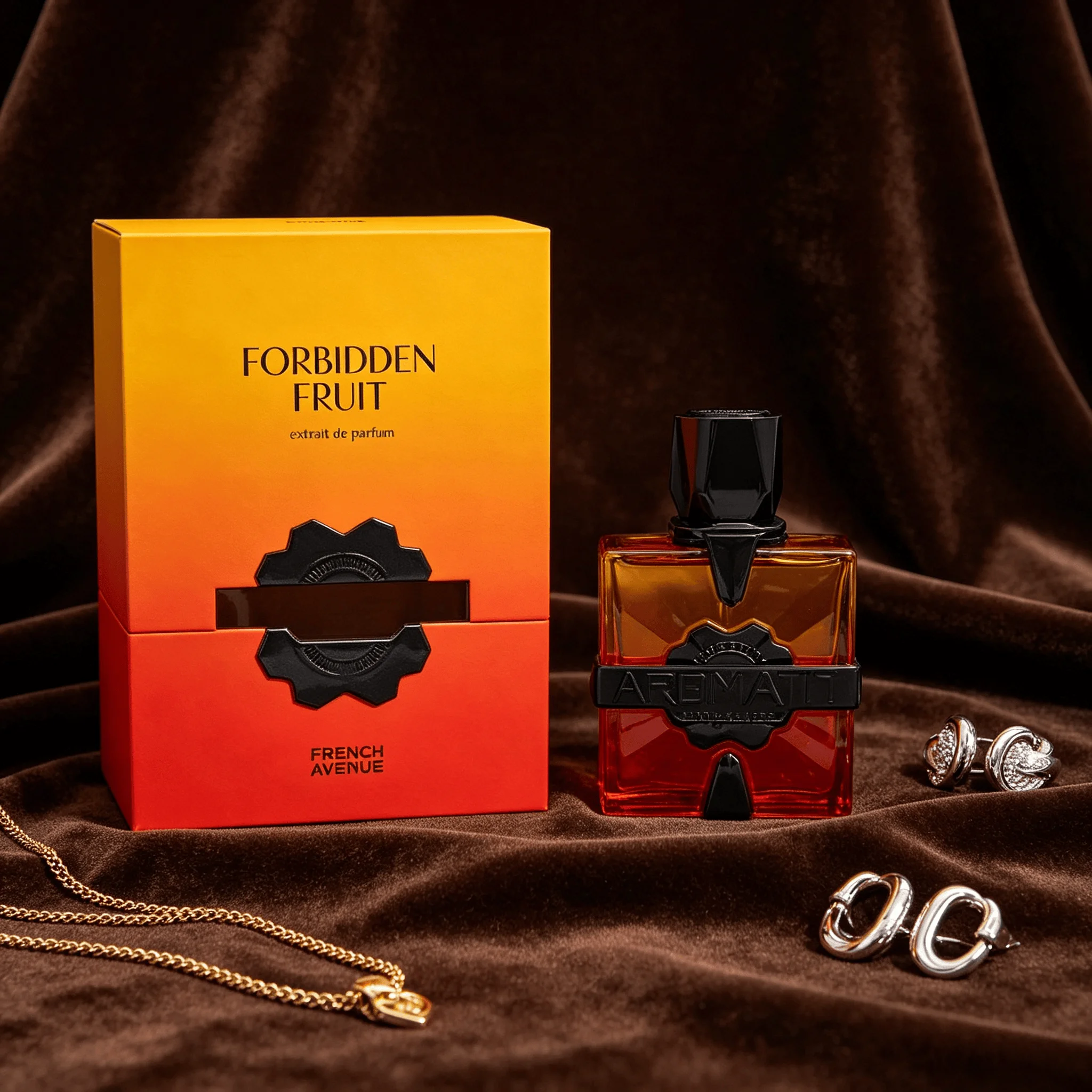 French Avenue Aromatix Forbidden Fruit Extrait De Parfum For Unisex Sweet Tangy Tropical Fruit Spicy Woody Aroma Long Lasting Transparent Orange-Red Gradient Cut Square Bottle With Matte Black Embossed Metal Badge Dating Valentine Party Present
