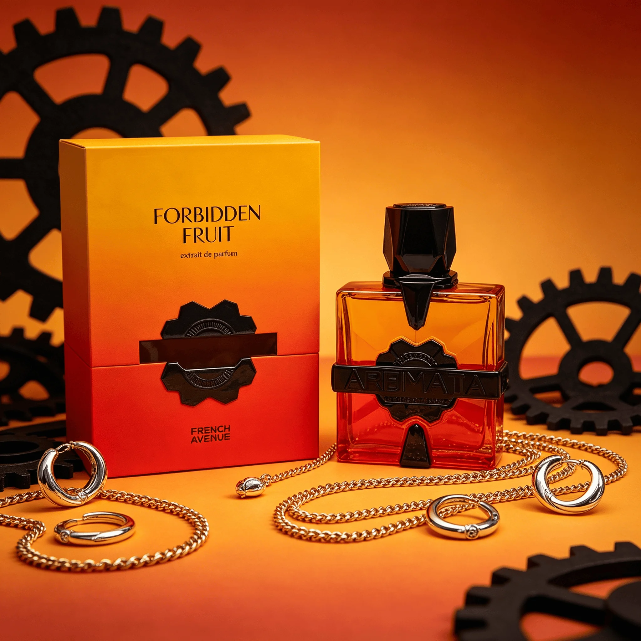 French Avenue Aromatix Forbidden Fruit Extrait De Parfum For Unisex Sweet Tangy Tropical Fruit Spicy Woody Aroma Long Lasting Transparent Orange-Red Gradient Cut Square Bottle With Matte Black Embossed Metal Badge Dating Valentine Party Present