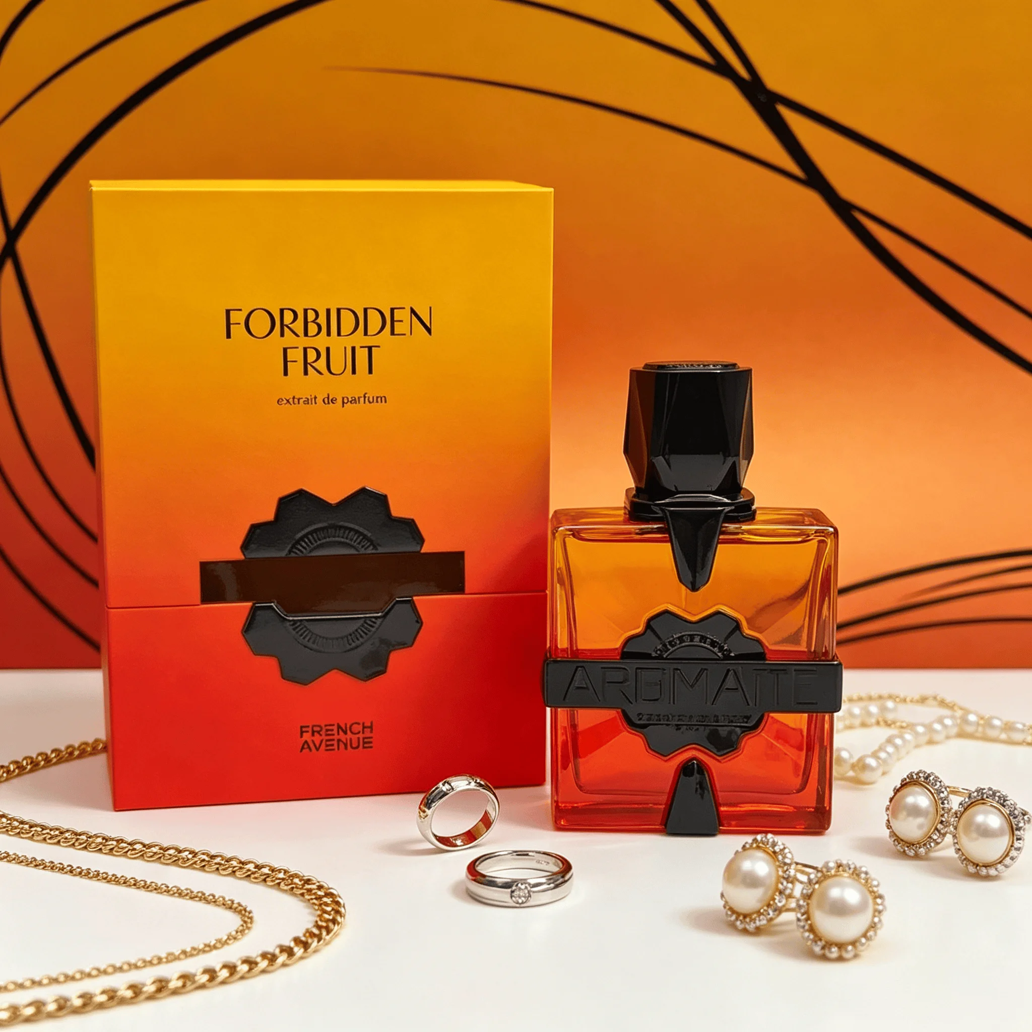 French Avenue Aromatix Forbidden Fruit Extrait De Parfum For Unisex Sweet Tangy Tropical Fruit Spicy Woody Aroma Long Lasting Transparent Orange-Red Gradient Cut Square Bottle With Matte Black Embossed Metal Badge Dating Valentine Party Present