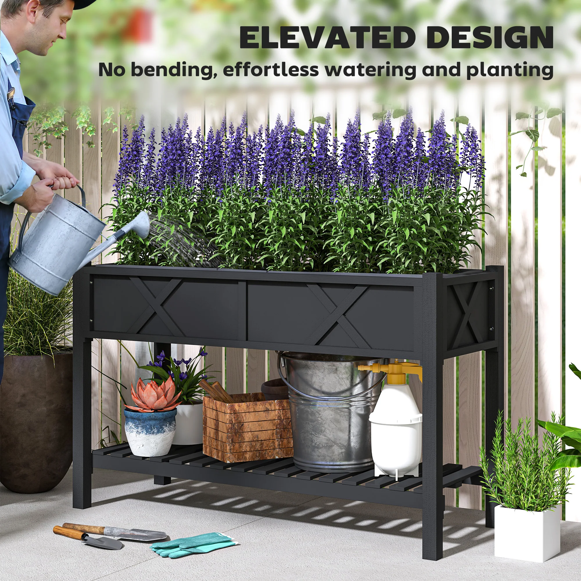 Wooden Raised Planter Box, 47 X 22 X 31.5 in Raised Flower Bed with Storage Shelf, Drainage Holes, and Liner, Black