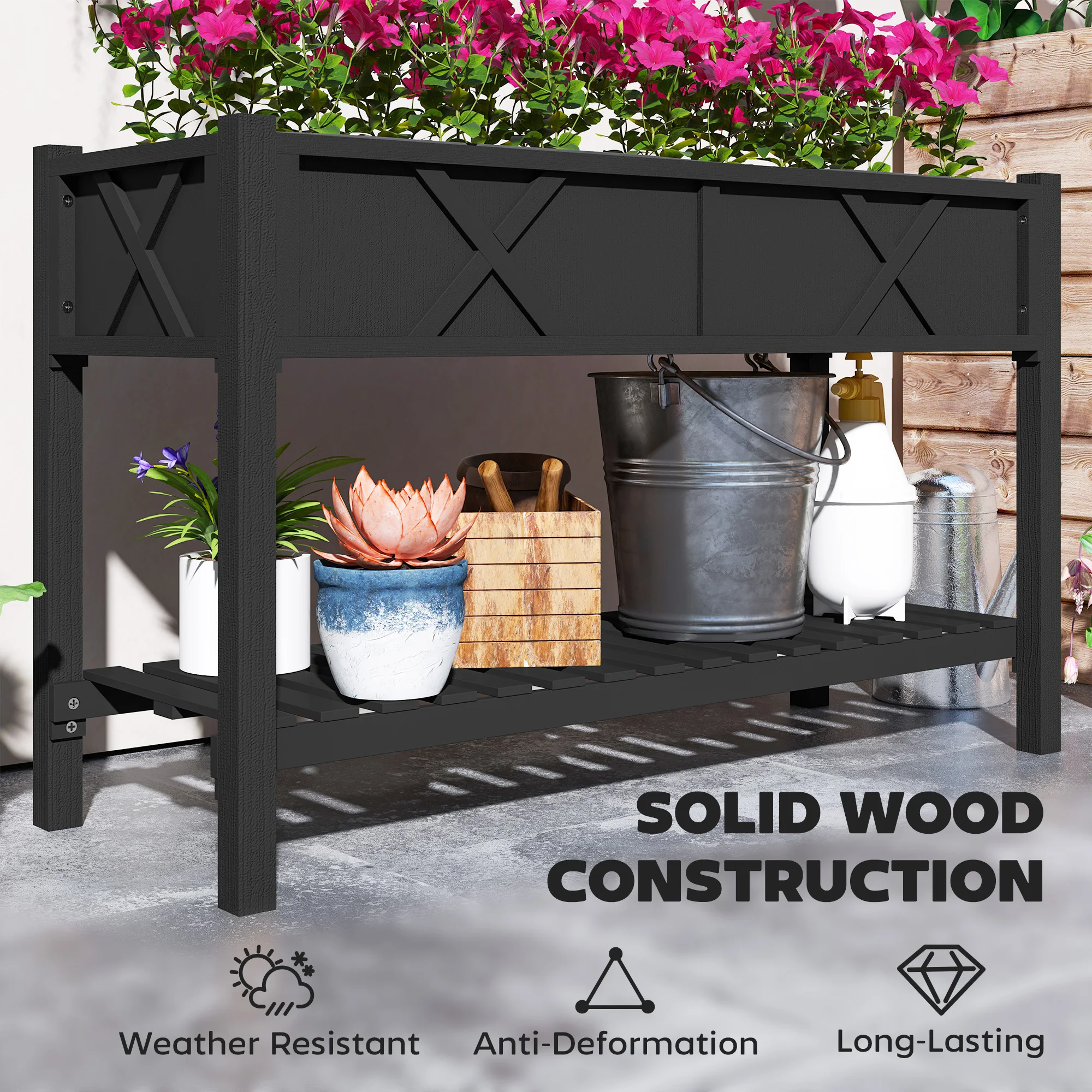 Wooden Raised Planter Box, 47 X 22 X 31.5 in Raised Flower Bed with Storage Shelf, Drainage Holes, and Liner, Black