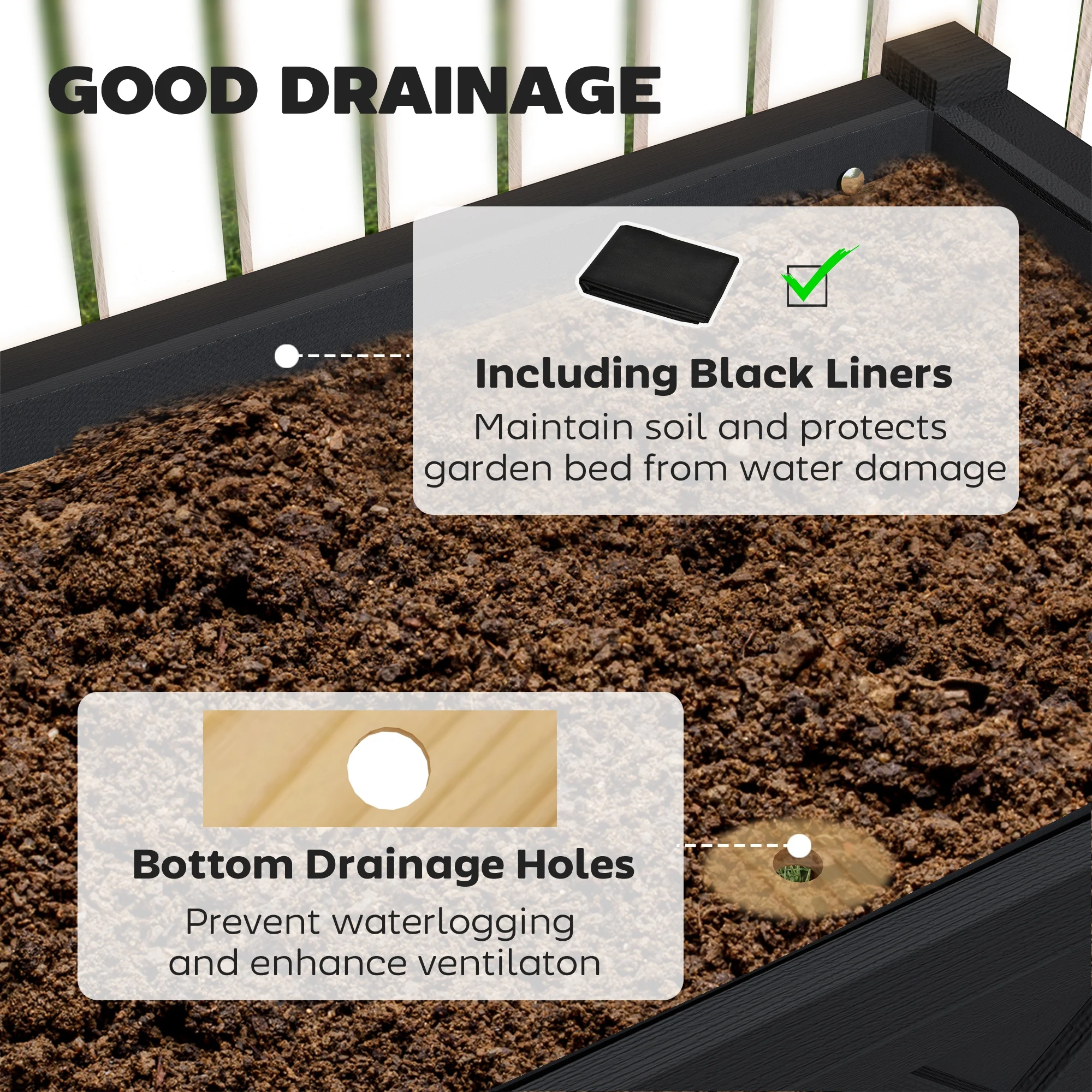 Wooden Raised Planter Box, 47 X 22 X 31.5 in Raised Flower Bed with Storage Shelf, Drainage Holes, and Liner, Black