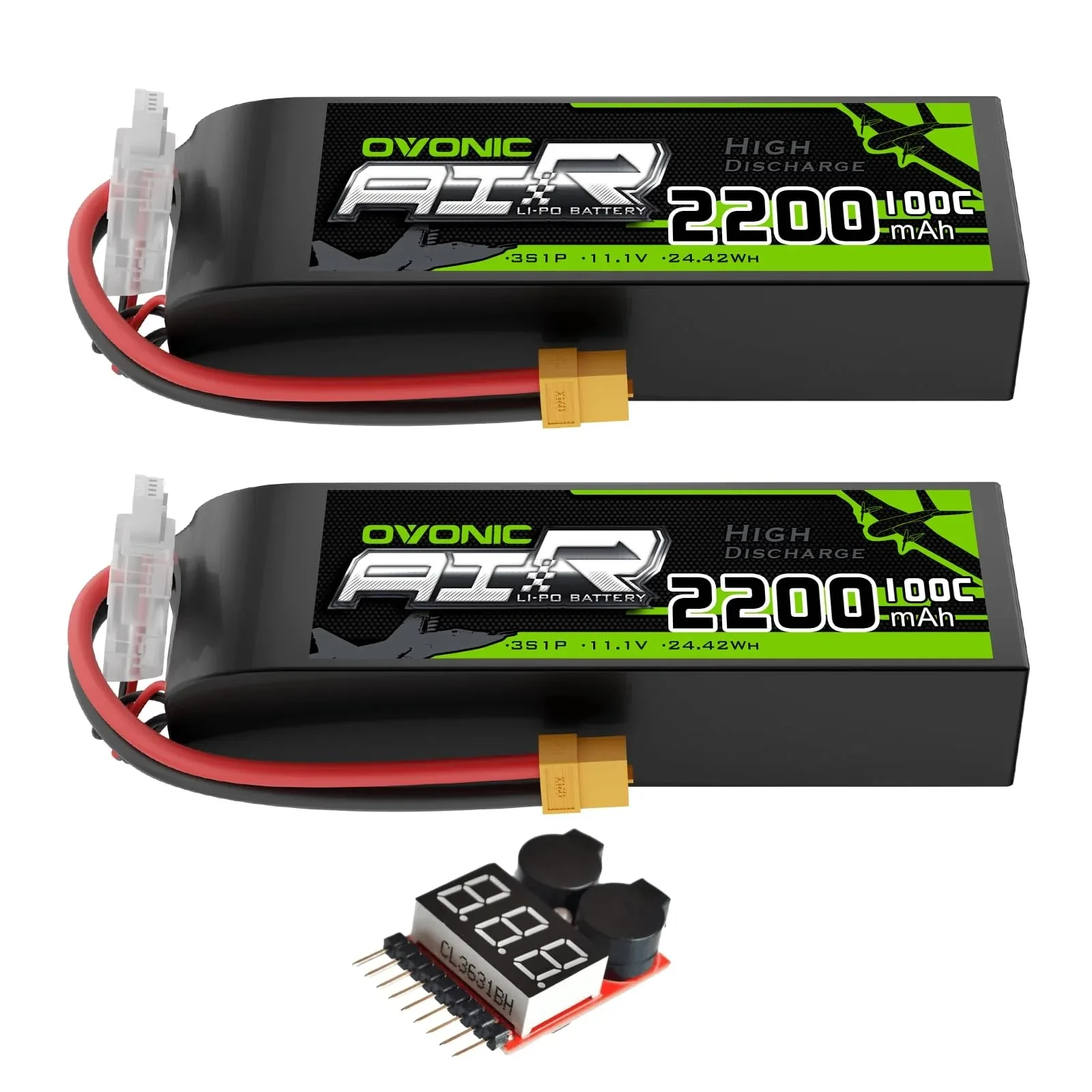 OVONIC 3S 100C 2200mAh 11.1V Lipo Battery with Dean Connector & Lipo Voltage Checker for RC Airplane Small to Medium-Sized Aircraft