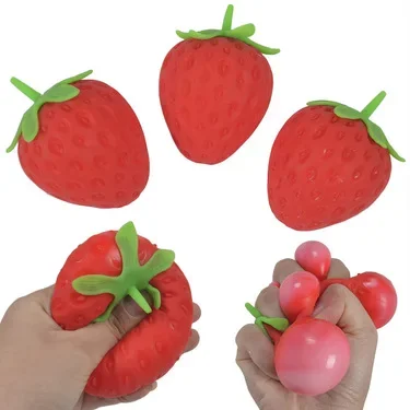 Realistic Simulation Strawberry Squishy Squeeze Toy Soft TPR Satisfying Pinch Sound Stress Relief Fruit Vent Ball Portable Anti-Anxiety Fidget Toy For Kids Adults Office Desk Gift
