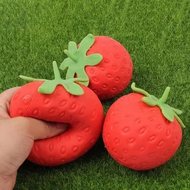 Realistic Simulation Strawberry Squishy Squeeze Toy Soft TPR Satisfying Pinch Sound Stress Relief Fruit Vent Ball Portable Anti-Anxiety Fidget Toy For Kids Adults Office Desk Gift