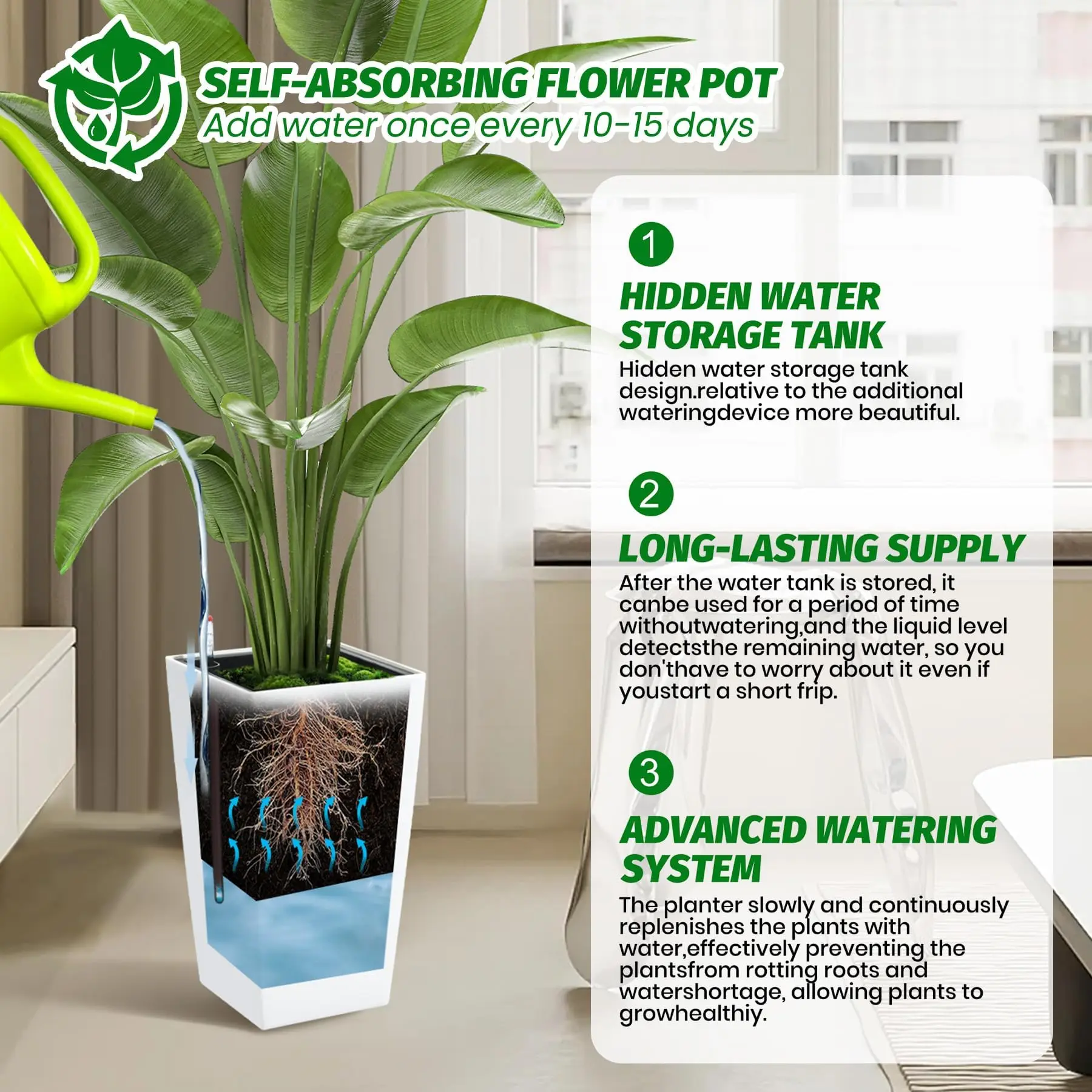 15.7"/22.5" Tall Planters Set Of 2, Self Watering Indoor Outdoor Front Porch Planter Pots With Drainage & Monitor Bucket