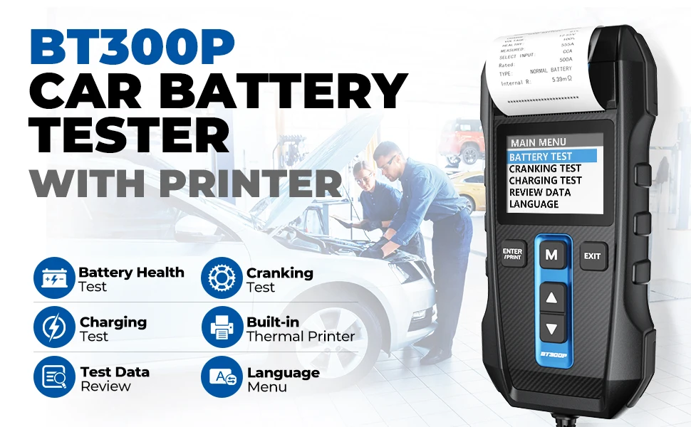 TOPDON BT300P Battery Tester with Printing 12V Digital Charging Cranking Test Tools for Car Auto Analyzer Vehicle 100-2000CCA