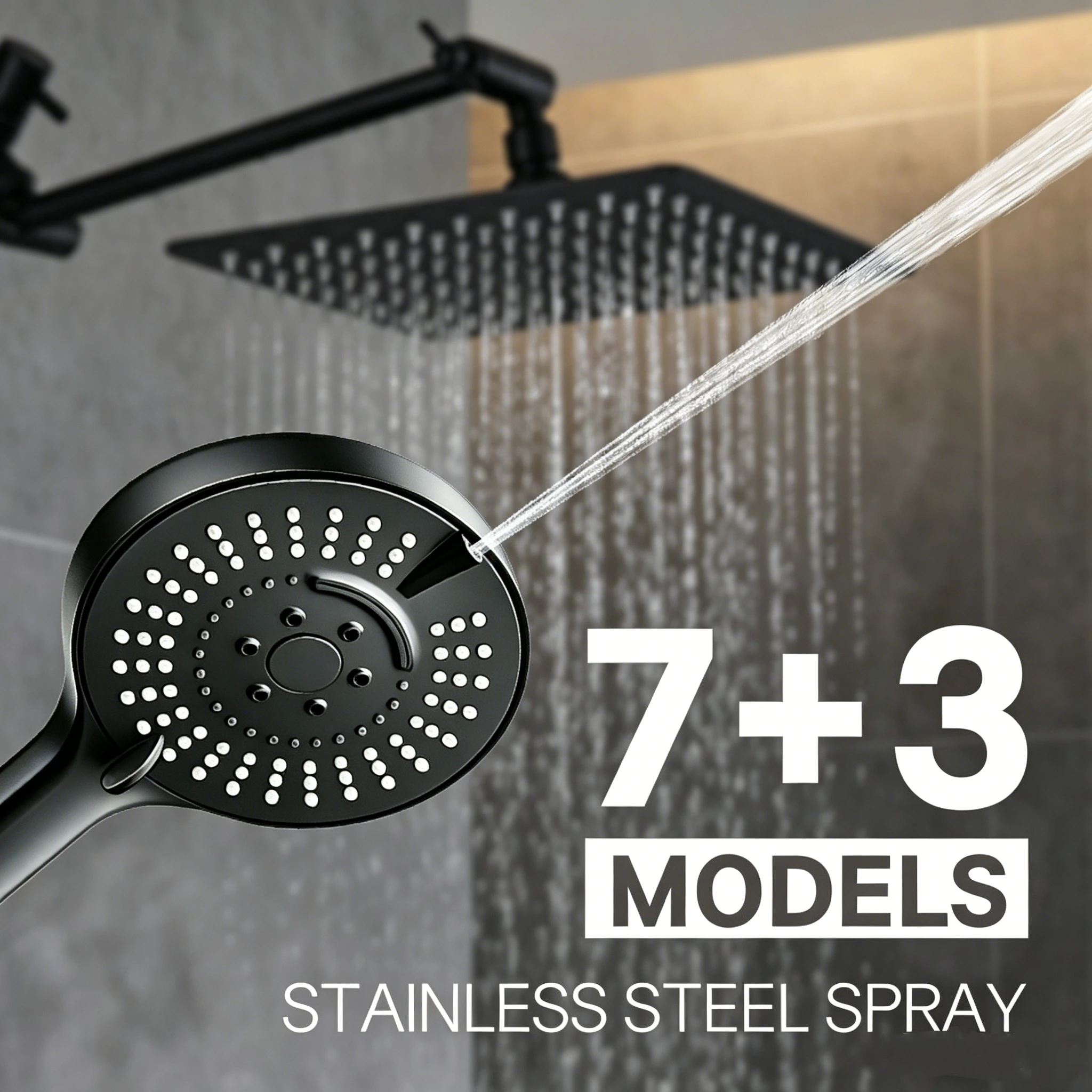 Stainless Steel 8 Inch Overhead Showerhead 7 Modes With Extension Arm Multi-function Hand Shower Wall Mounted Showerhead Set