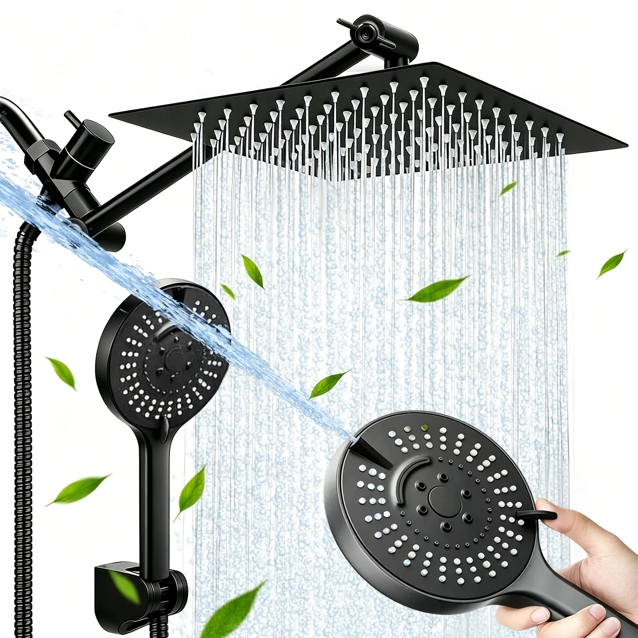 Stainless Steel 8 Inch Overhead Showerhead 7 Modes With Extension Arm Multi-function Hand Shower Wall Mounted Showerhead Set