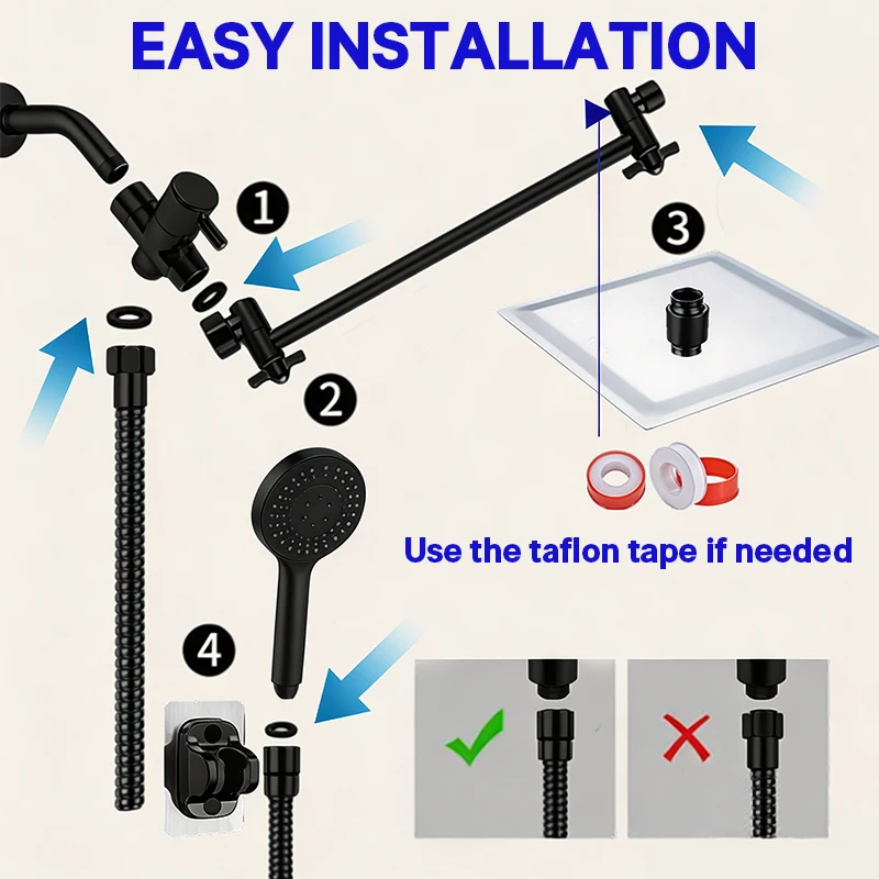 Stainless Steel 8 Inch Overhead Showerhead 7 Modes With Extension Arm Multi-function Hand Shower Wall Mounted Showerhead Set