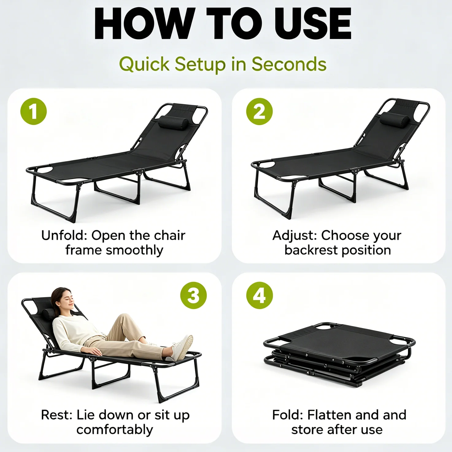56cm Adjustable Folding Camping Lounge Chair with Removable Soft Cushion, 3 Position Reclining Portable Beach Tanning Chair, Heavy Duty 330 LBS Fold Up Outdoor Chaise Lounge for Pool Patio Office Napping Indoor & Backyard