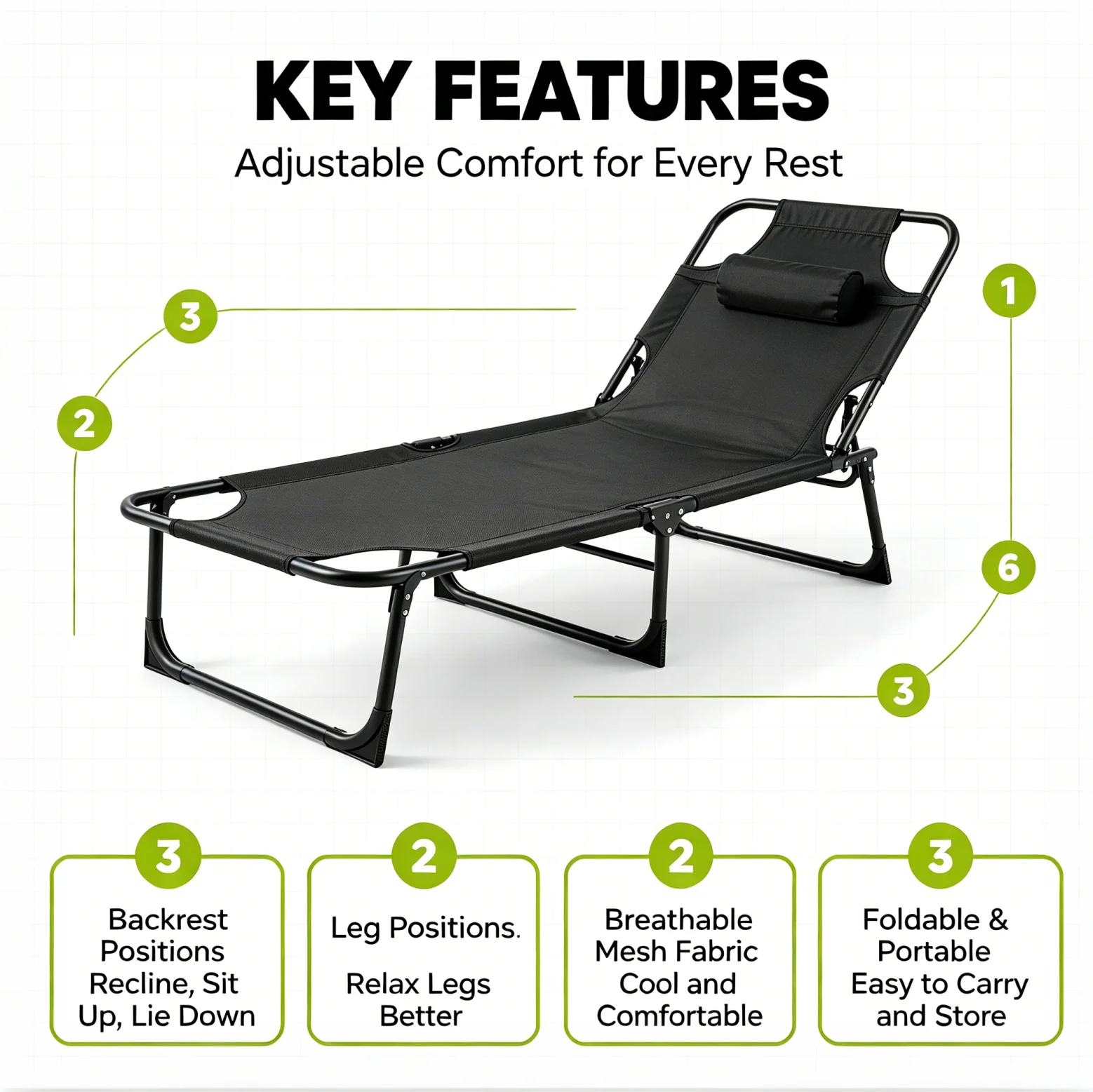 56cm Adjustable Folding Camping Lounge Chair with Removable Soft Cushion, 3 Position Reclining Portable Beach Tanning Chair, Heavy Duty 330 LBS Fold Up Outdoor Chaise Lounge for Pool Patio Office Napping Indoor & Backyard