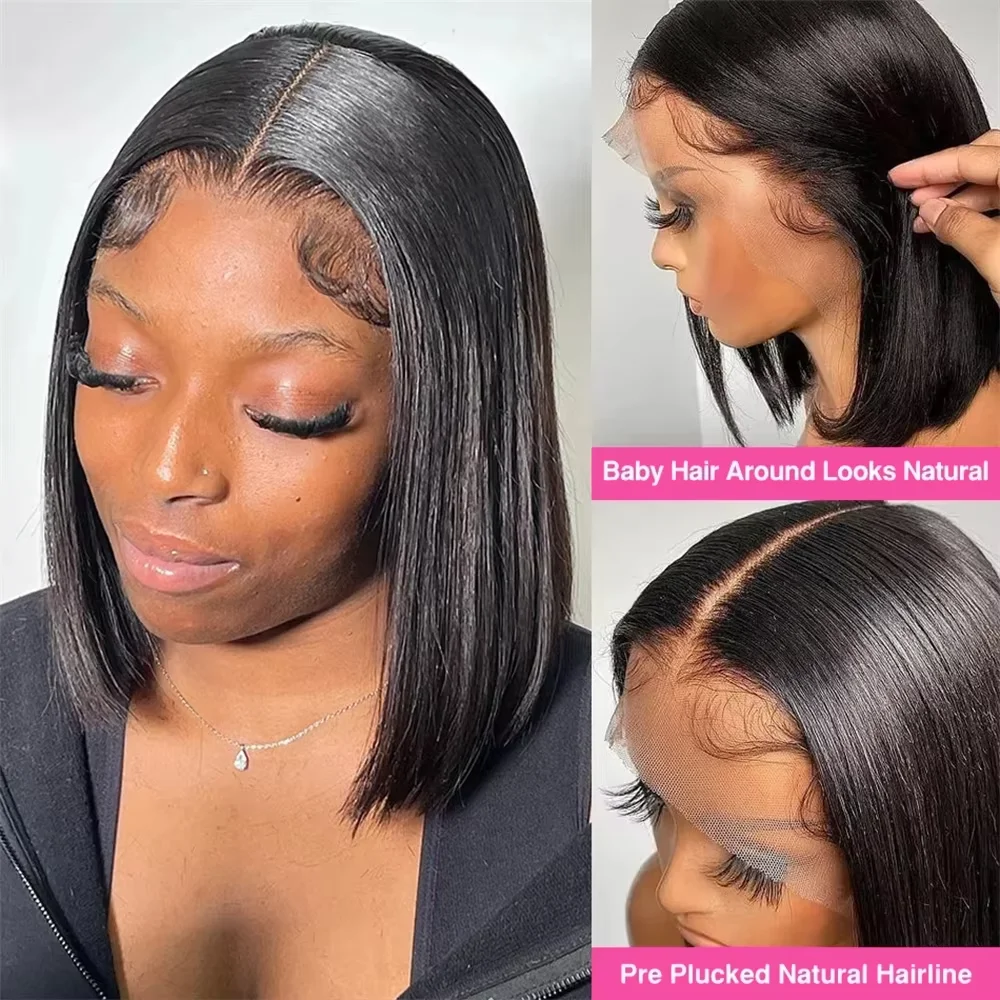 Brazilian Short Bob Wig 13x4 Lace Front Human Hair Wig Straight Lace Frontal Natural Black 8-14inch Glueless Soft Thick Wig
