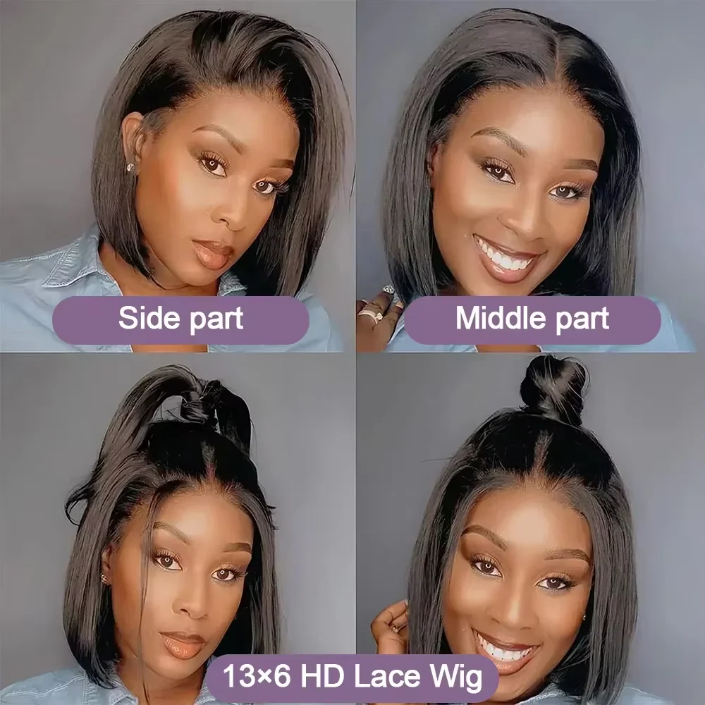 Brazilian Short Bob Wig 13x4 Lace Front Human Hair Wig Straight Lace Frontal Natural Black 8-14inch Glueless Soft Thick Wig