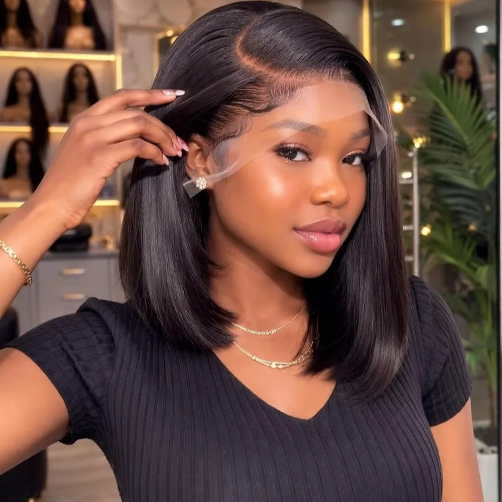 Brazilian Short Bob Wig 13x4 Lace Front Human Hair Wig Straight Lace Frontal Natural Black 8-14inch Glueless Soft Thick Wig