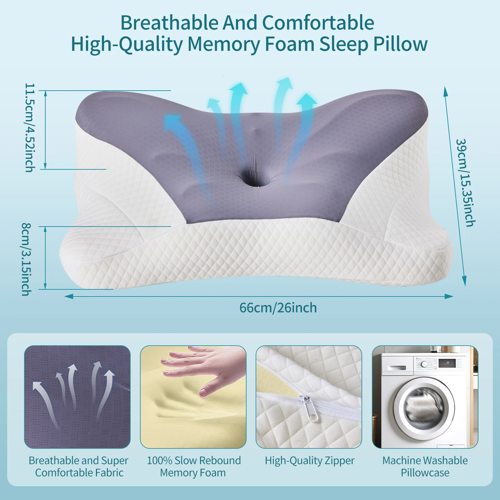 JHK King Size Ergonomic Memory Foam Bed Pillow with Cooling Pillowcase Cervical Contour Pillows For Back Stomach Sleepers