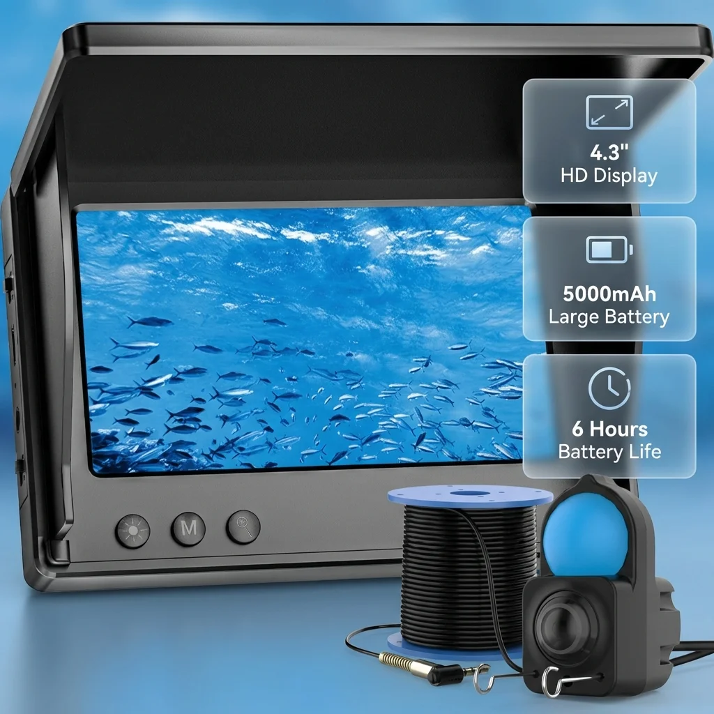 Night Vision & Depth Finder Underwater Fishing Camera Portable Monitor HD Video Recording Fish Finder for Ice Lake Sea Boat Kayak Anglers