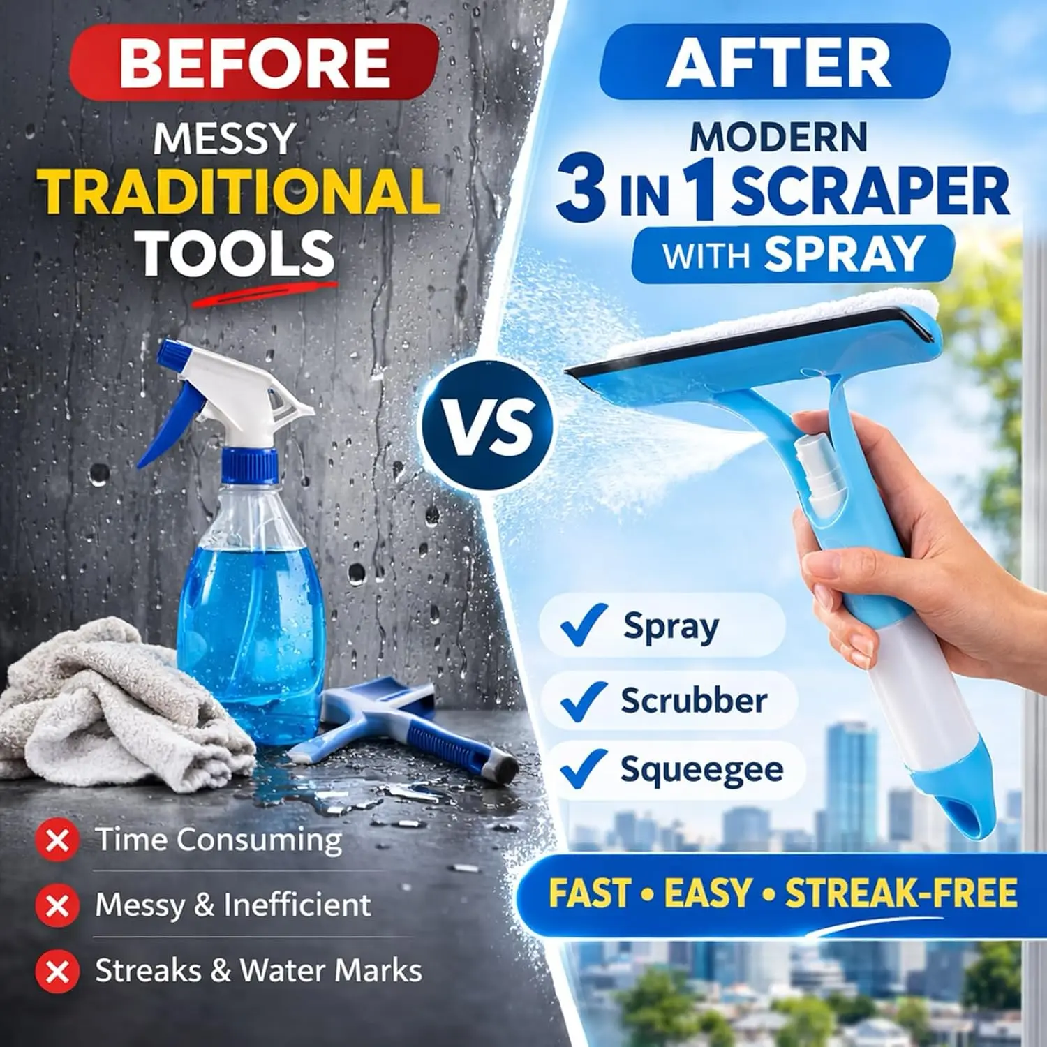 3 in 1 Integrated Window Squeegee with Spray Bottle Multifunctional Handheld Glass Cleaning Tool with Microfiber Scrubber and Silicone Blade Refillable Window Cleaner for Mirrors Shower Doors Tiles Car Windows Multiple Colors Available Blue Yellow White