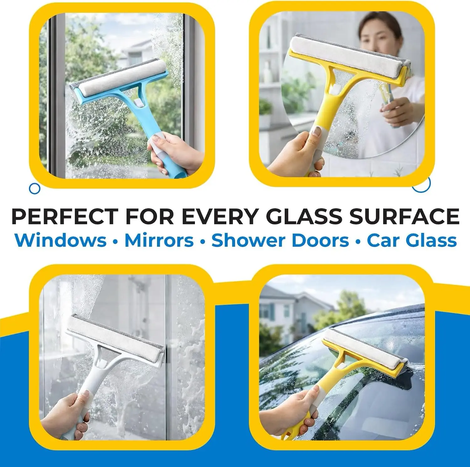 3 in 1 Integrated Window Squeegee with Spray Bottle Multifunctional Handheld Glass Cleaning Tool with Microfiber Scrubber and Silicone Blade Refillable Window Cleaner for Mirrors Shower Doors Tiles Car Windows Multiple Colors Available Blue Yellow White