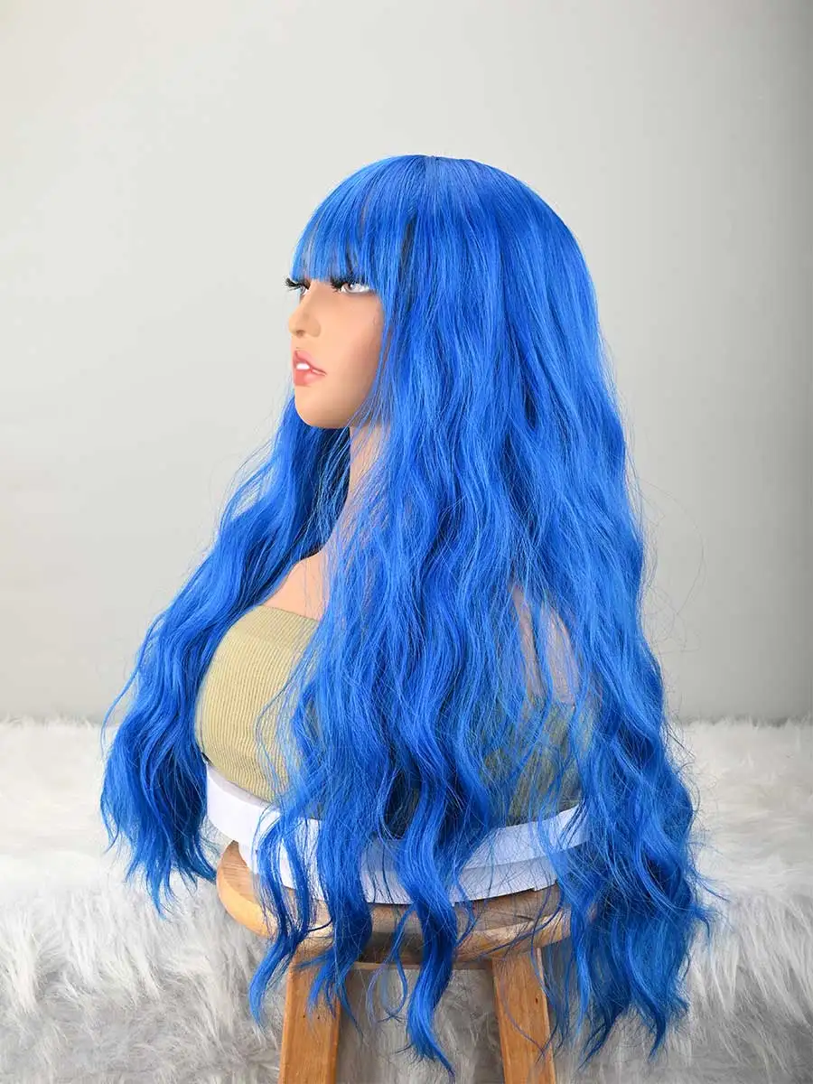 Blue Long Wig With Bangs Natural Hair Fiber Synthetic Cosplay Wig For Women And Girls, Perfect For Halloween,Christmas, Parties, And Cosplay