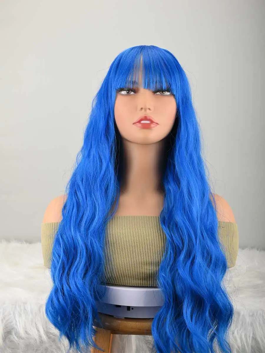 Blue Long Wig With Bangs Natural Hair Fiber Synthetic Cosplay Wig For Women And Girls, Perfect For Halloween,Christmas, Parties, And Cosplay