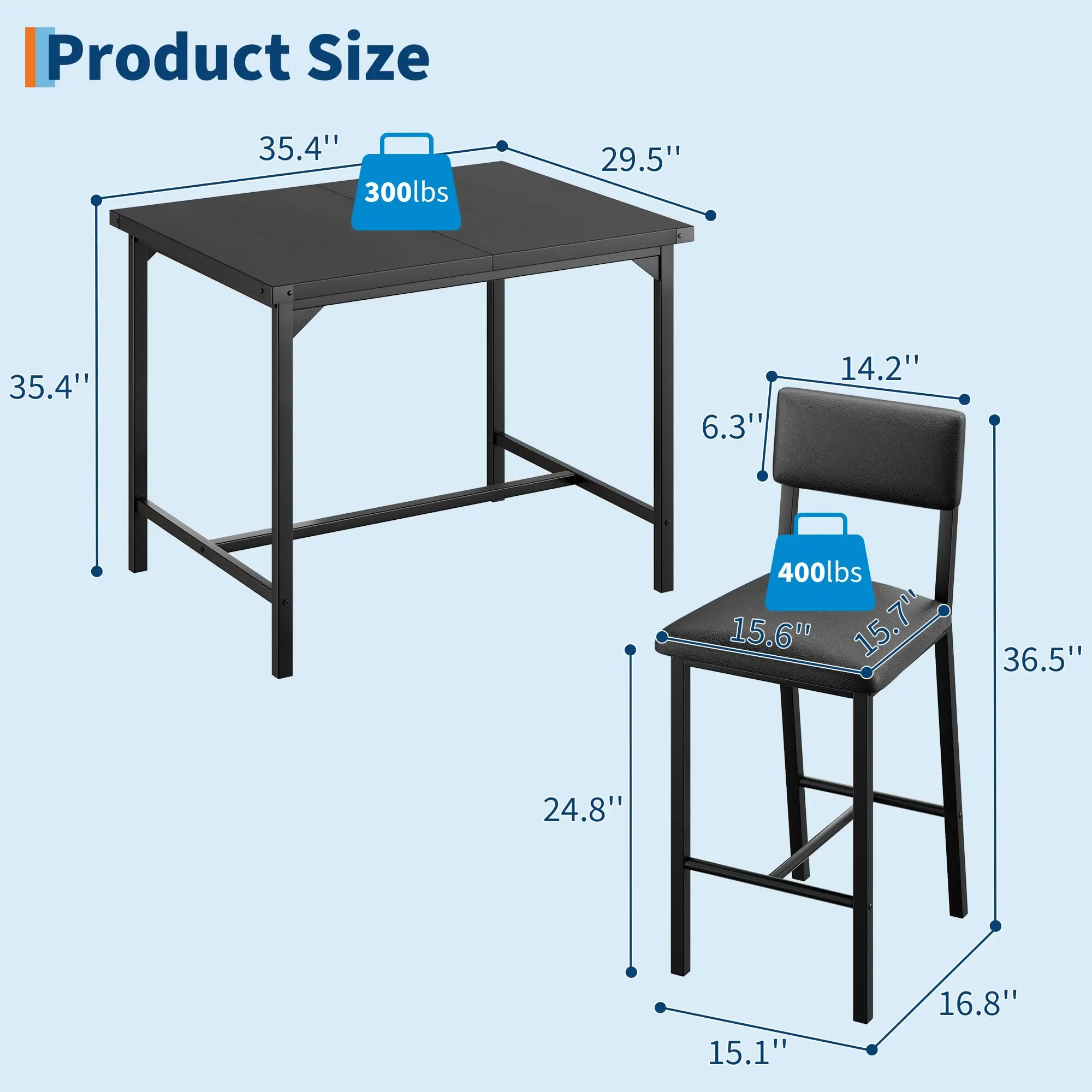 Dining Table Set With 2 Stools PB Board Metal Frame Counter Height Dining Furniture With Footrest Support Compact Space Design For Kitchen Apartment Small Dining Area Black