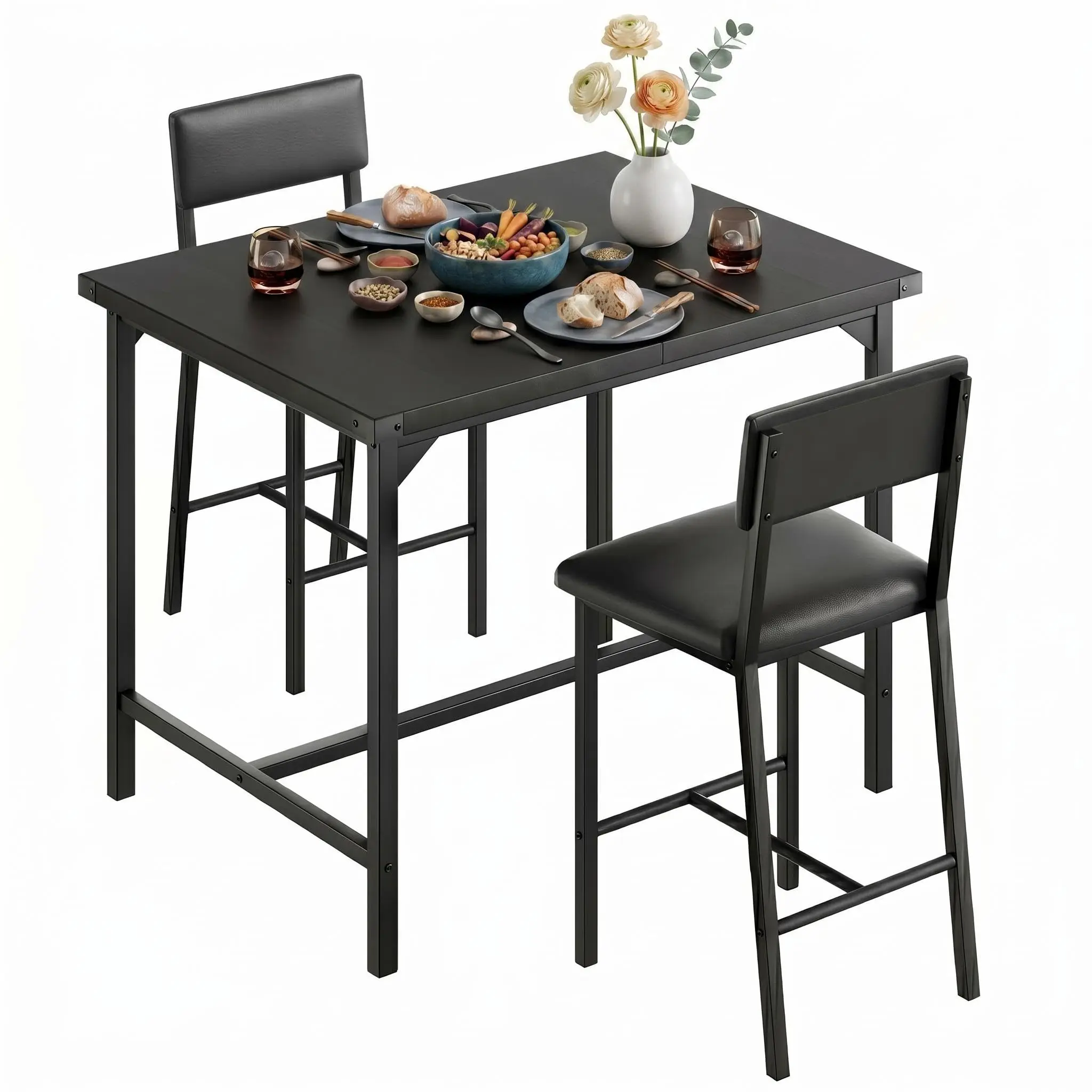 Dining Table Set With 2 Stools PB Board Metal Frame Counter Height Dining Furniture With Footrest Support Compact Space Design For Kitchen Apartment Small Dining Area Black