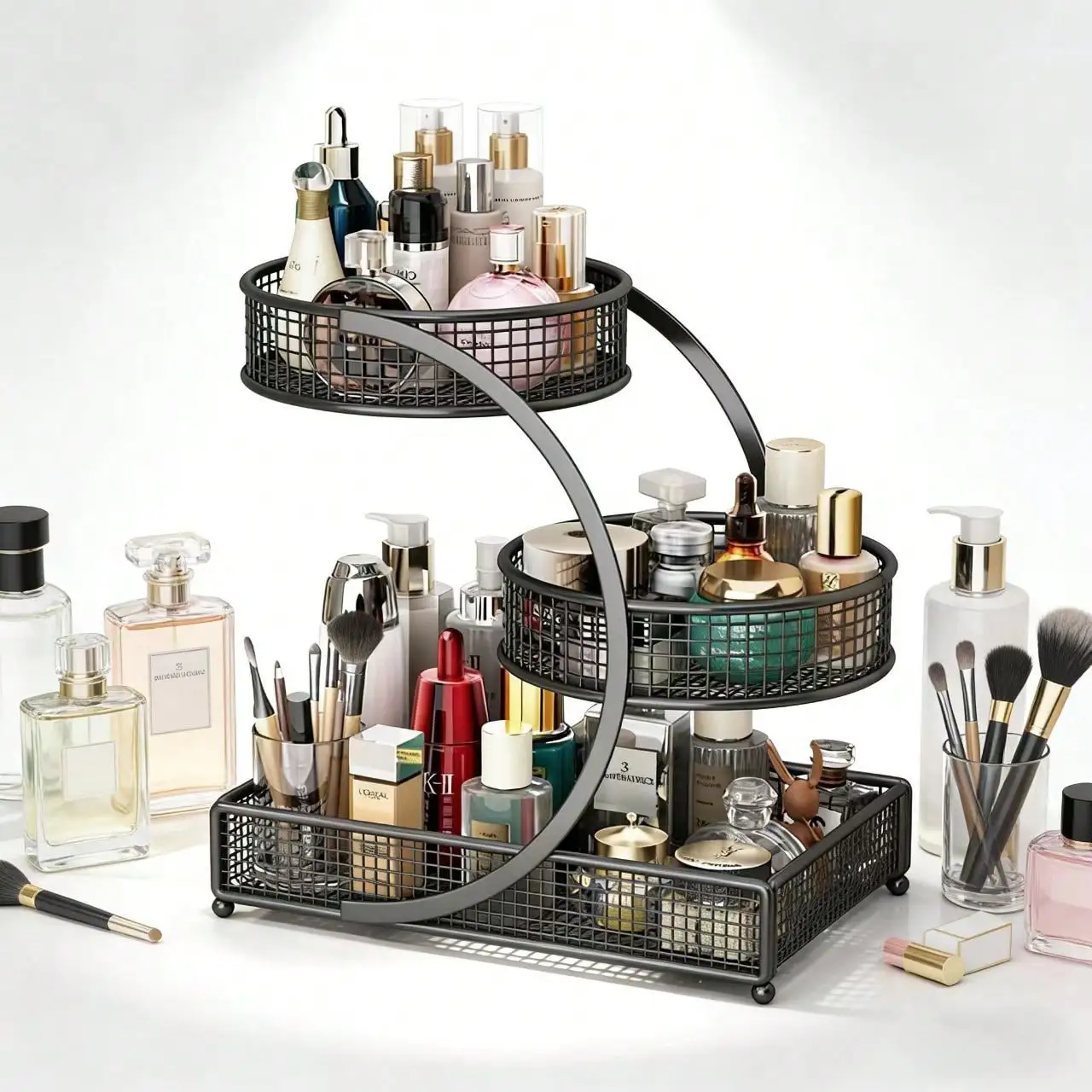3 Layer Extra Large Cosmetic Storage Rack Polished Metal No Assembly Required for Bathroom Countertop Dressing Table Vanity