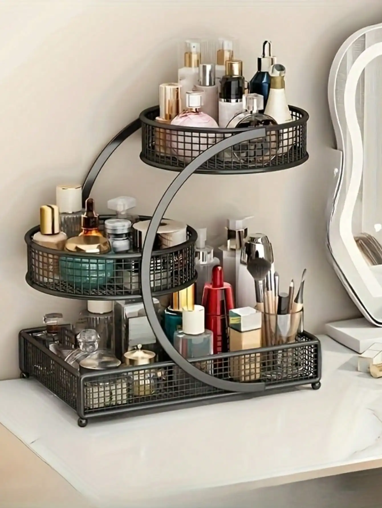 3 Layer Extra Large Cosmetic Storage Rack Polished Metal No Assembly Required for Bathroom Countertop Dressing Table Vanity