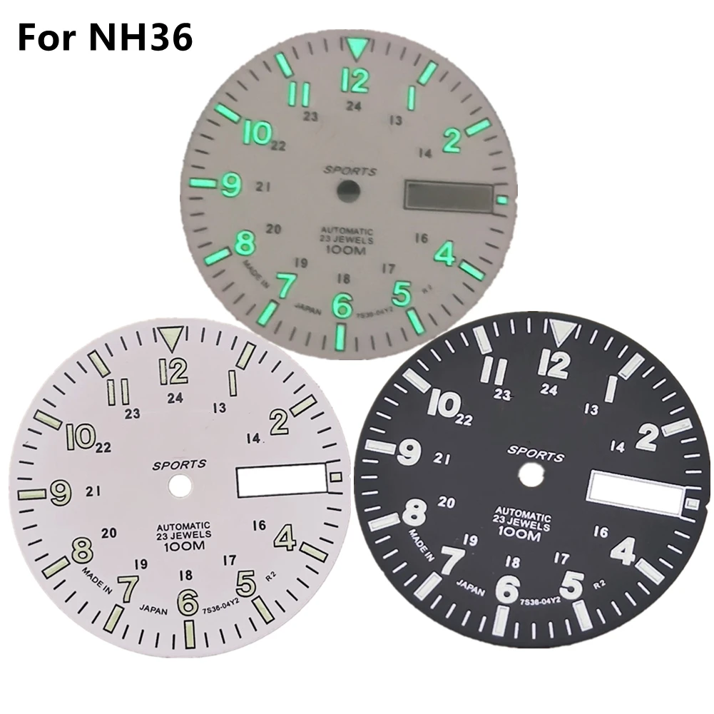 28.5mm/1.11in Super Lumin Dial for NH36A Movement C3 Green Luminous Watch Face Dial Plate Replacement Black/White Watch Parts