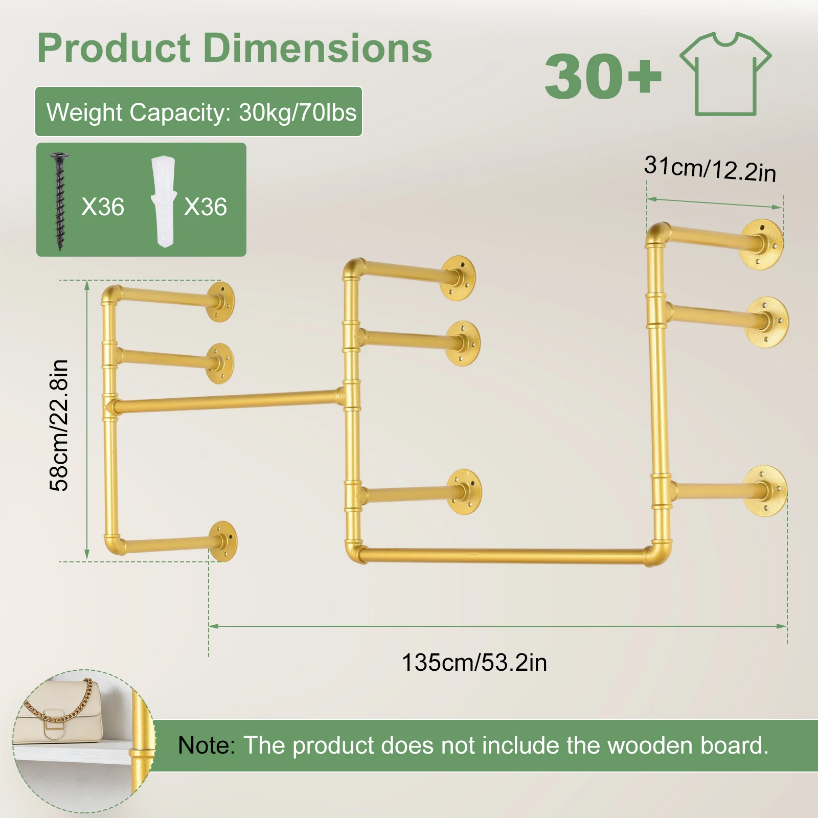Wall Mounted Industrial Pipe Clothes Rack, Heavy Duty Garment Hanging Rod with Detachable Iron Bar, Multi-Purpose Space Saver Closet Storage Organizer for Bedroom Laundry Room Cloakroom and Retail Display