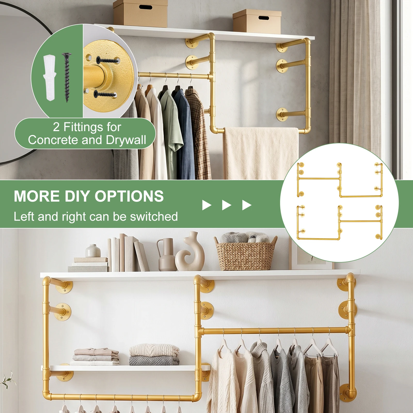 Wall Mounted Industrial Pipe Clothes Rack, Heavy Duty Garment Hanging Rod with Detachable Iron Bar, Multi-Purpose Space Saver Closet Storage Organizer for Bedroom Laundry Room Cloakroom and Retail Display
