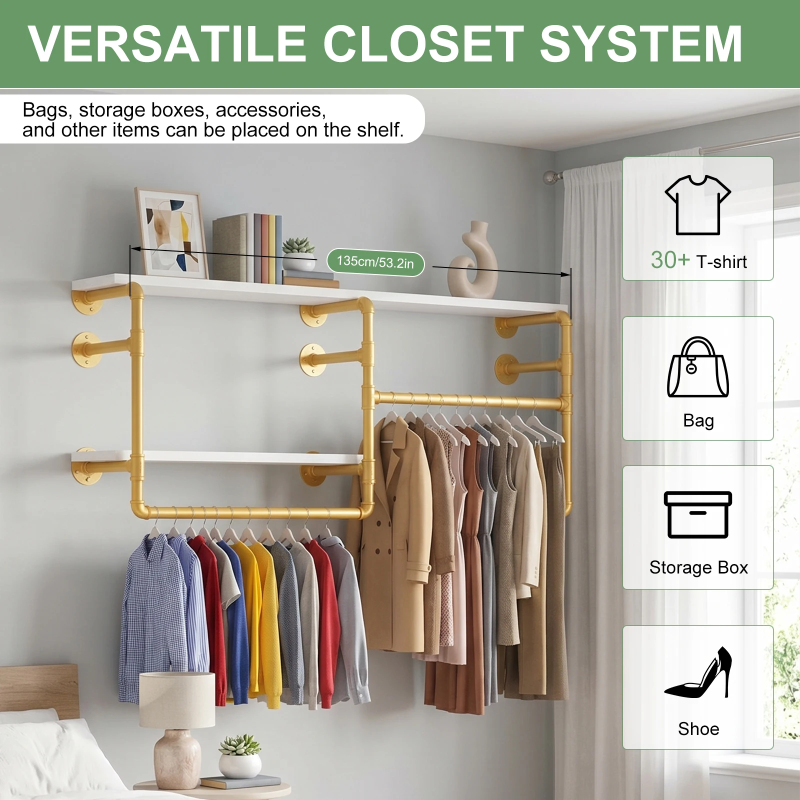 Wall Mounted Industrial Pipe Clothes Rack, Heavy Duty Garment Hanging Rod with Detachable Iron Bar, Multi-Purpose Space Saver Closet Storage Organizer for Bedroom Laundry Room Cloakroom and Retail Display