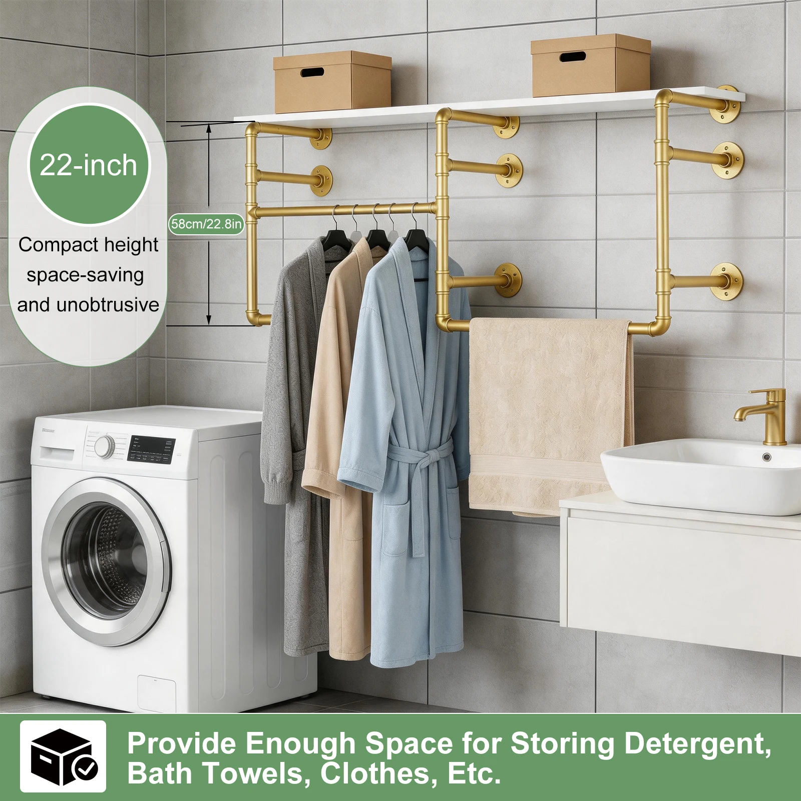 Wall Mounted Industrial Pipe Clothes Rack, Heavy Duty Garment Hanging Rod with Detachable Iron Bar, Multi-Purpose Space Saver Closet Storage Organizer for Bedroom Laundry Room Cloakroom and Retail Display