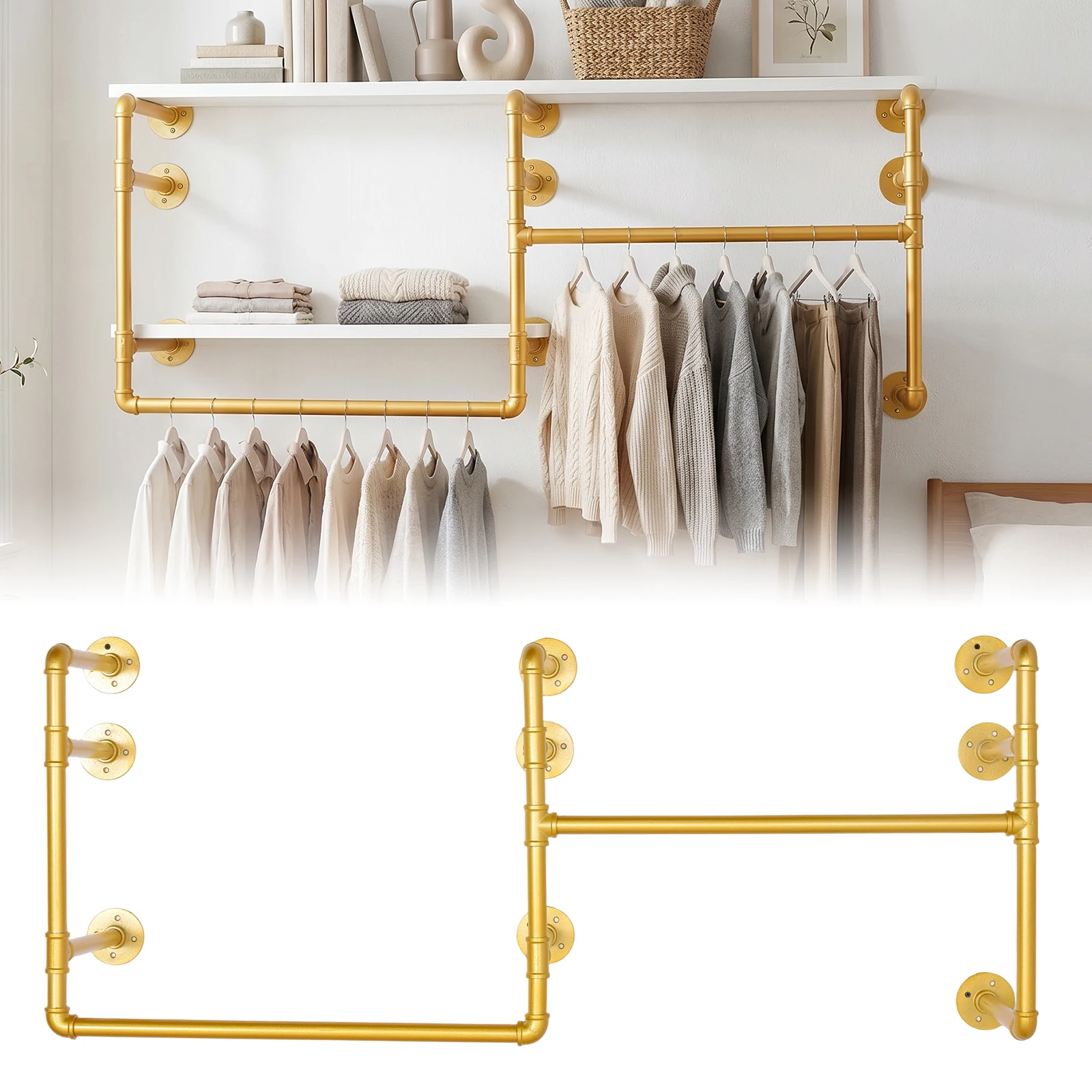 Wall Mounted Industrial Pipe Clothes Rack, Heavy Duty Garment Hanging Rod with Detachable Iron Bar, Multi-Purpose Space Saver Closet Storage Organizer for Bedroom Laundry Room Cloakroom and Retail Display