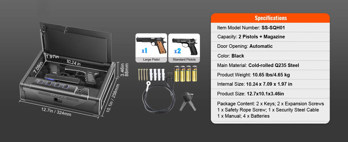 SucceBuy Gun Safe Q235 Steel Pistol Safe 3-Way Quick Access Firearm Case Gun Box Advanced Biometric Technology Travel Gun Safe