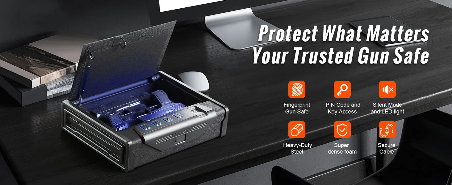SucceBuy Gun Safe Q235 Steel Pistol Safe 3-Way Quick Access Firearm Case Gun Box Advanced Biometric Technology Travel Gun Safe