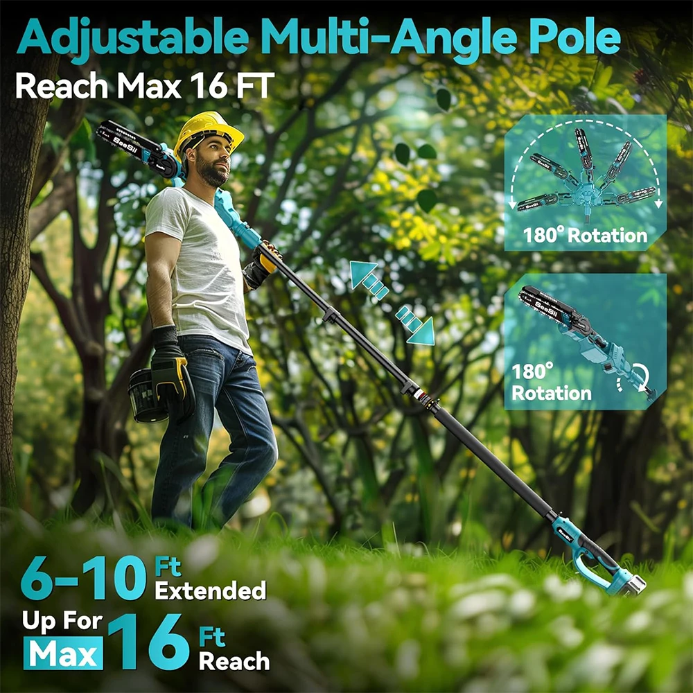 SEESII 2-in-1 Cordless 8'' Electric Chainsaw with 3M Extension Pole Electric Polesaw for Tree Trimming Limb Branch Cutter Pruner