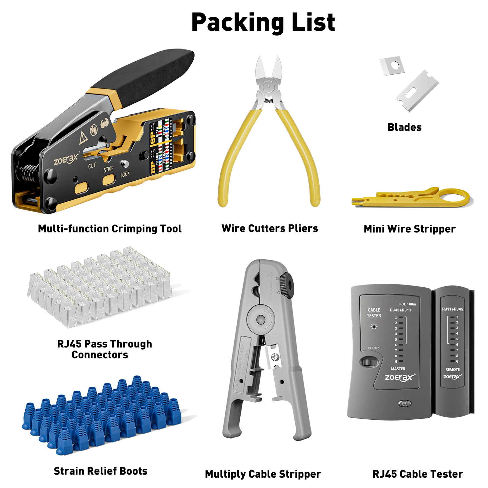 ZoeRax 8 in 1 RJ45 Cat6 Cat5e Crimp Tool Kit RJ45 Crimping tool,Cable Tester,Wire Cutter,Blades,50Pcs Cat6 Connectors and Boots