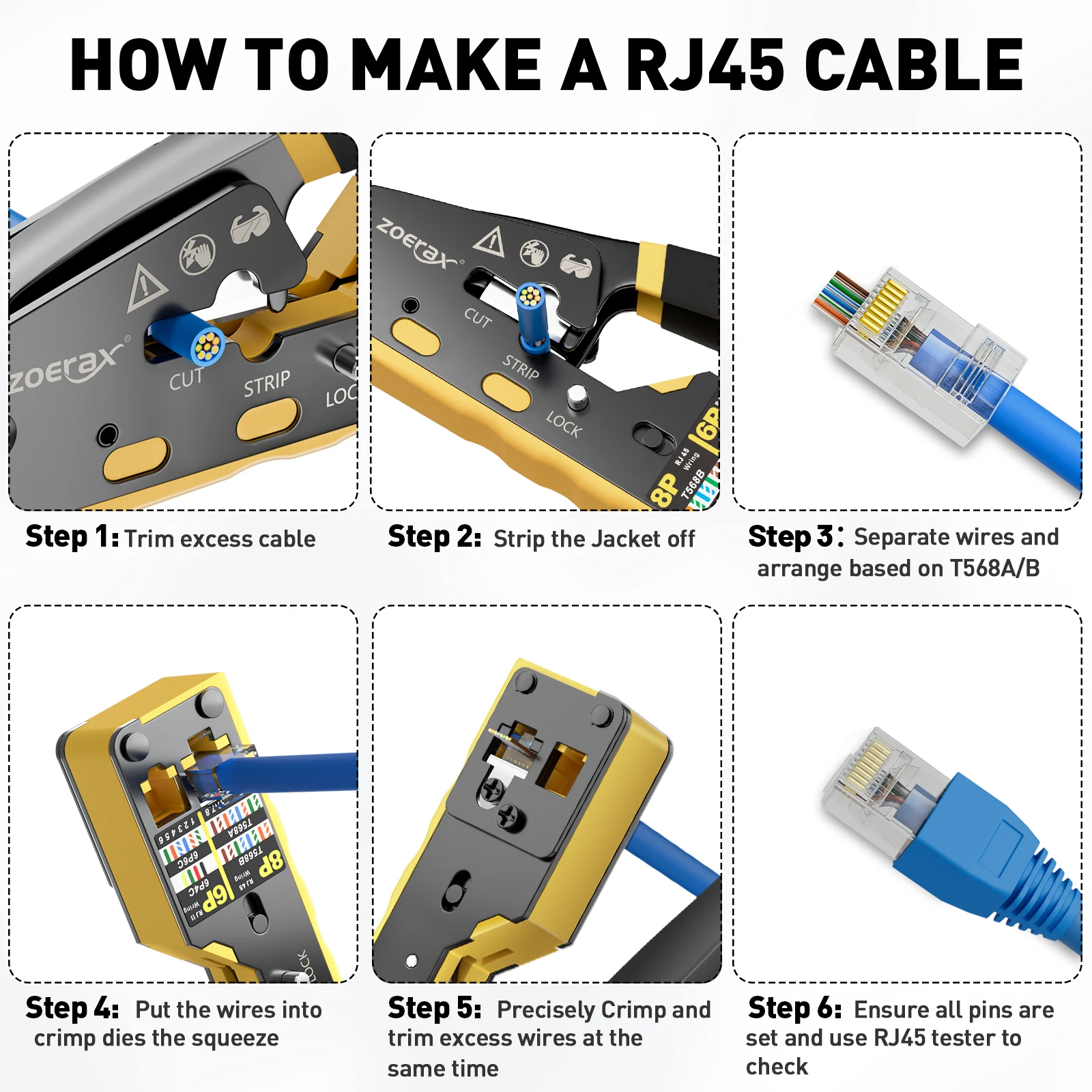 ZoeRax 8 in 1 RJ45 Cat6 Cat5e Crimp Tool Kit RJ45 Crimping tool,Cable Tester,Wire Cutter,Blades,50Pcs Cat6 Connectors and Boots