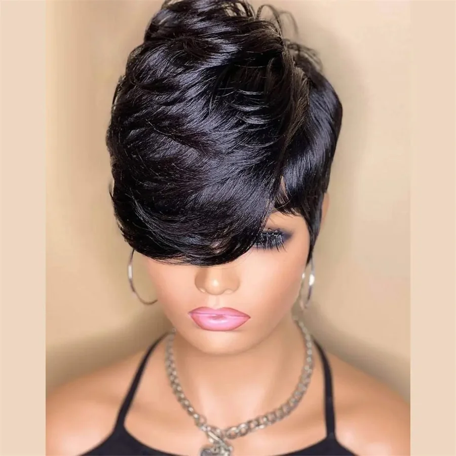 Short Wavy Wig with Bangs Brazilian Remy Human Hair Pixie Cut Natural Black Wavy Styles Everyday Wig Full Machine Made