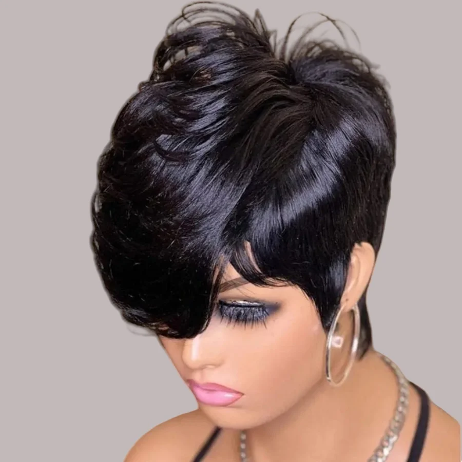 Short Wavy Wig with Bangs Brazilian Remy Human Hair Pixie Cut Natural Black Wavy Styles Everyday Wig Full Machine Made