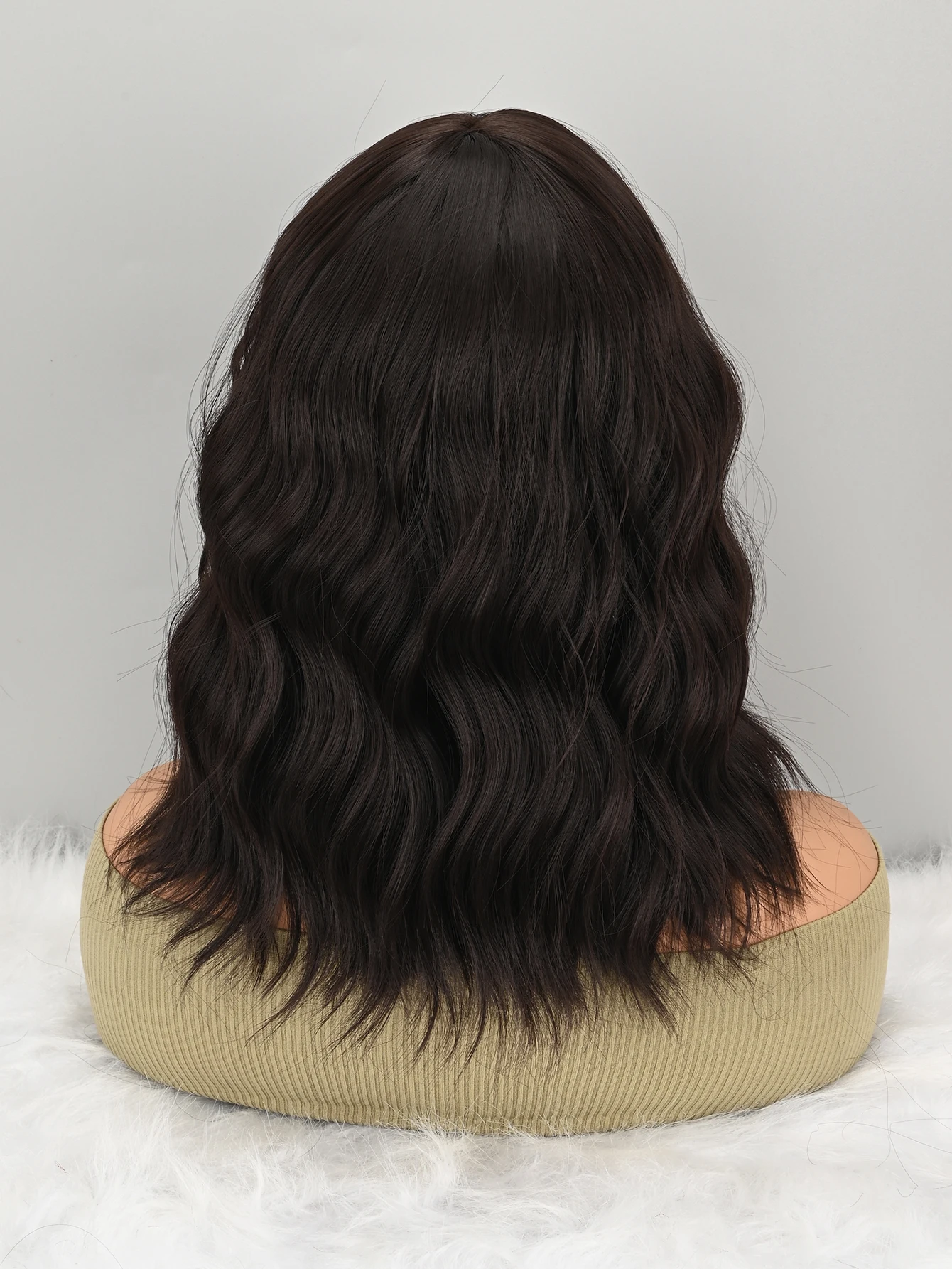 Natural Brown Synthetic Curly Wavy Bob Wig with Bangs for Women