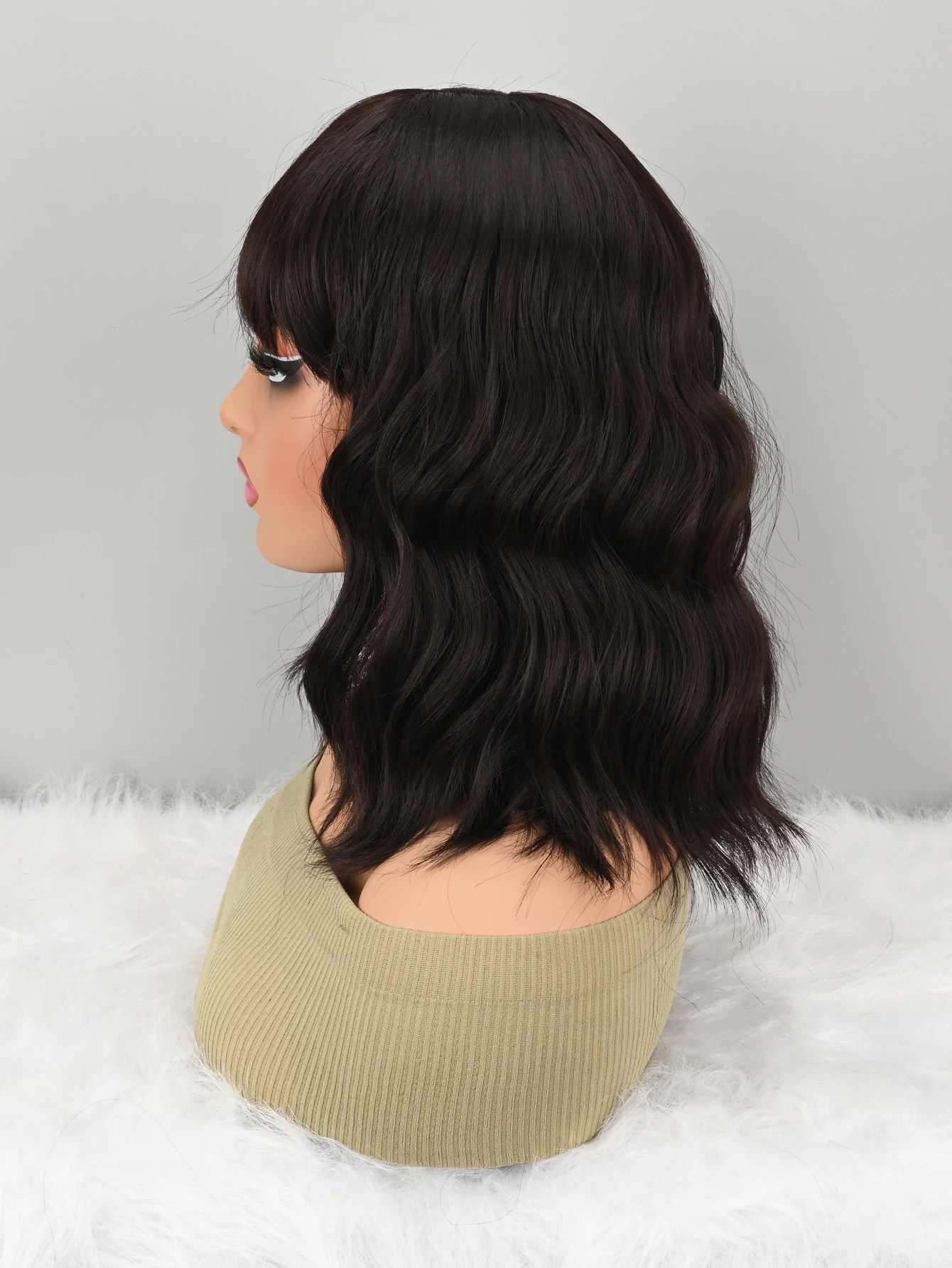 Natural Brown Synthetic Curly Wavy Bob Wig with Bangs for Women