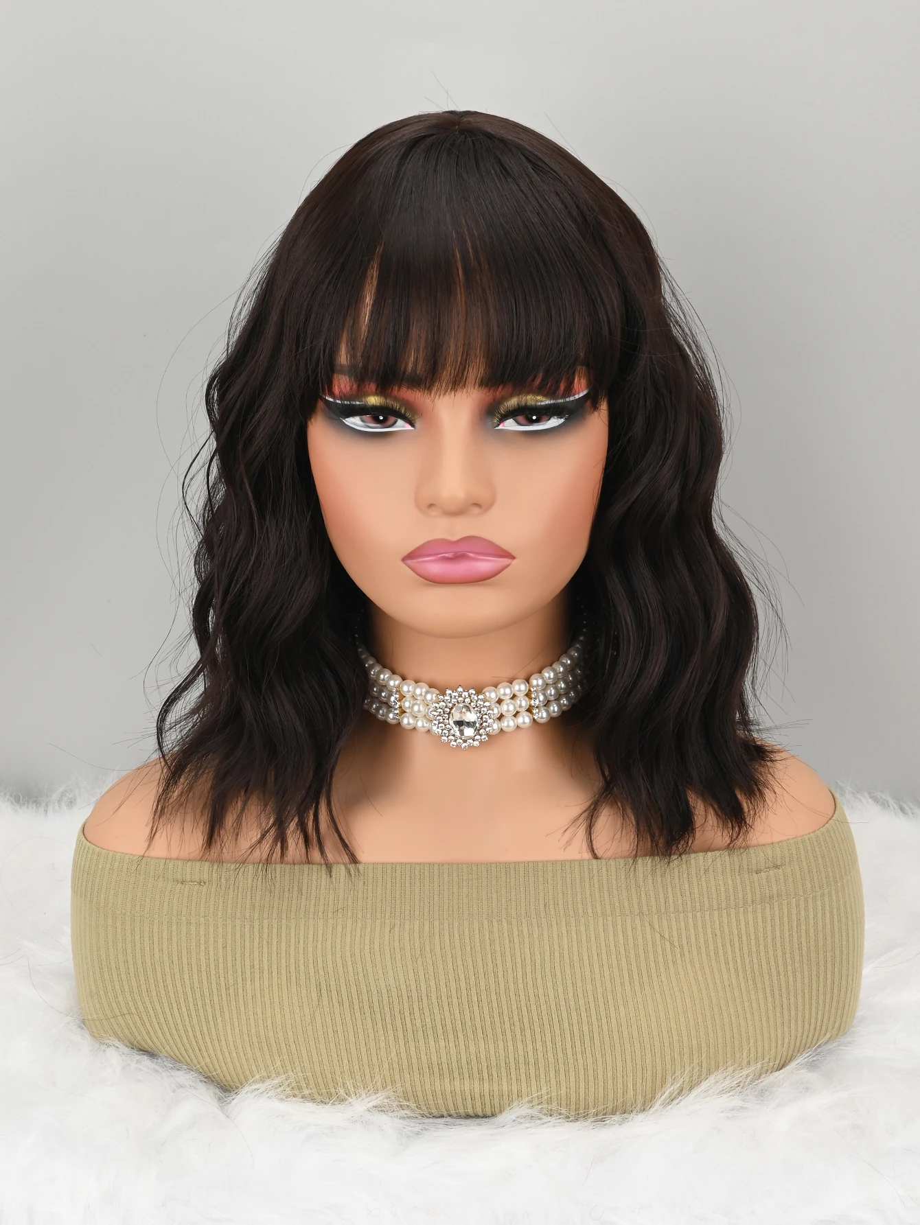 Natural Brown Synthetic Curly Wavy Bob Wig with Bangs for Women
