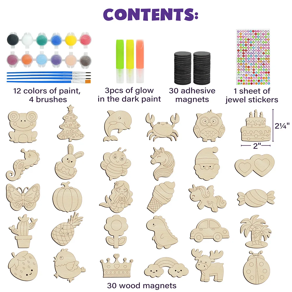 DIY Wooden Magnets Wood Crafts Kit for Kids Glow in The Dark, Arts Supplies Painting Kit, Fun Party Favors for Christmas Gifts