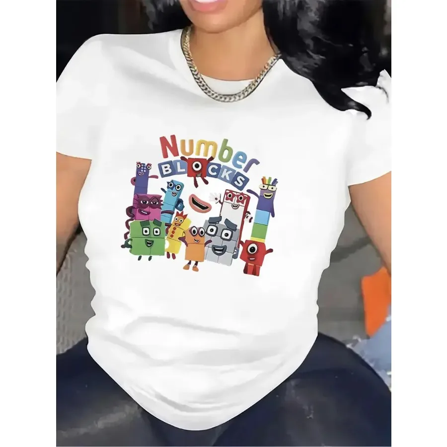 【New Arrival】Rainbow Letter Numberblocks Group Cartoon Print Tee Women Preschool Math Show Casual Short Sleeve Daily T-shirt