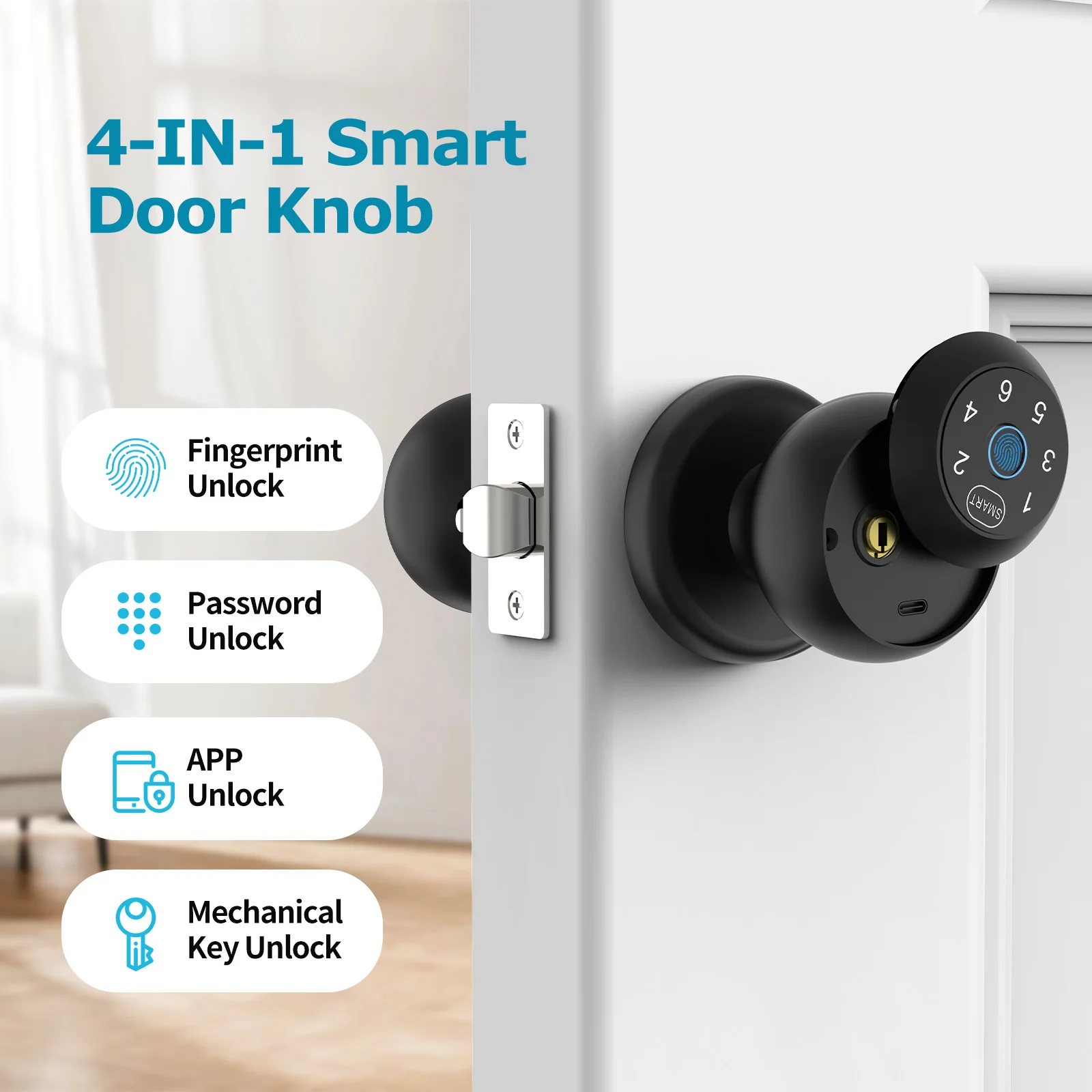 Viladepot Smart Lock Fingerprint, Passcode, App Control, Type-C Emergency Power, Indoor Door Lock