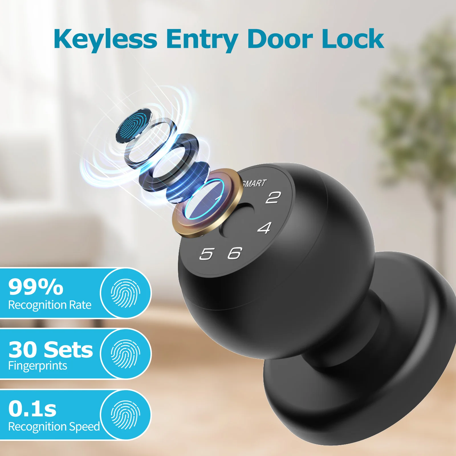 Viladepot Smart Lock Fingerprint, Passcode, App Control, Type-C Emergency Power, Indoor Door Lock